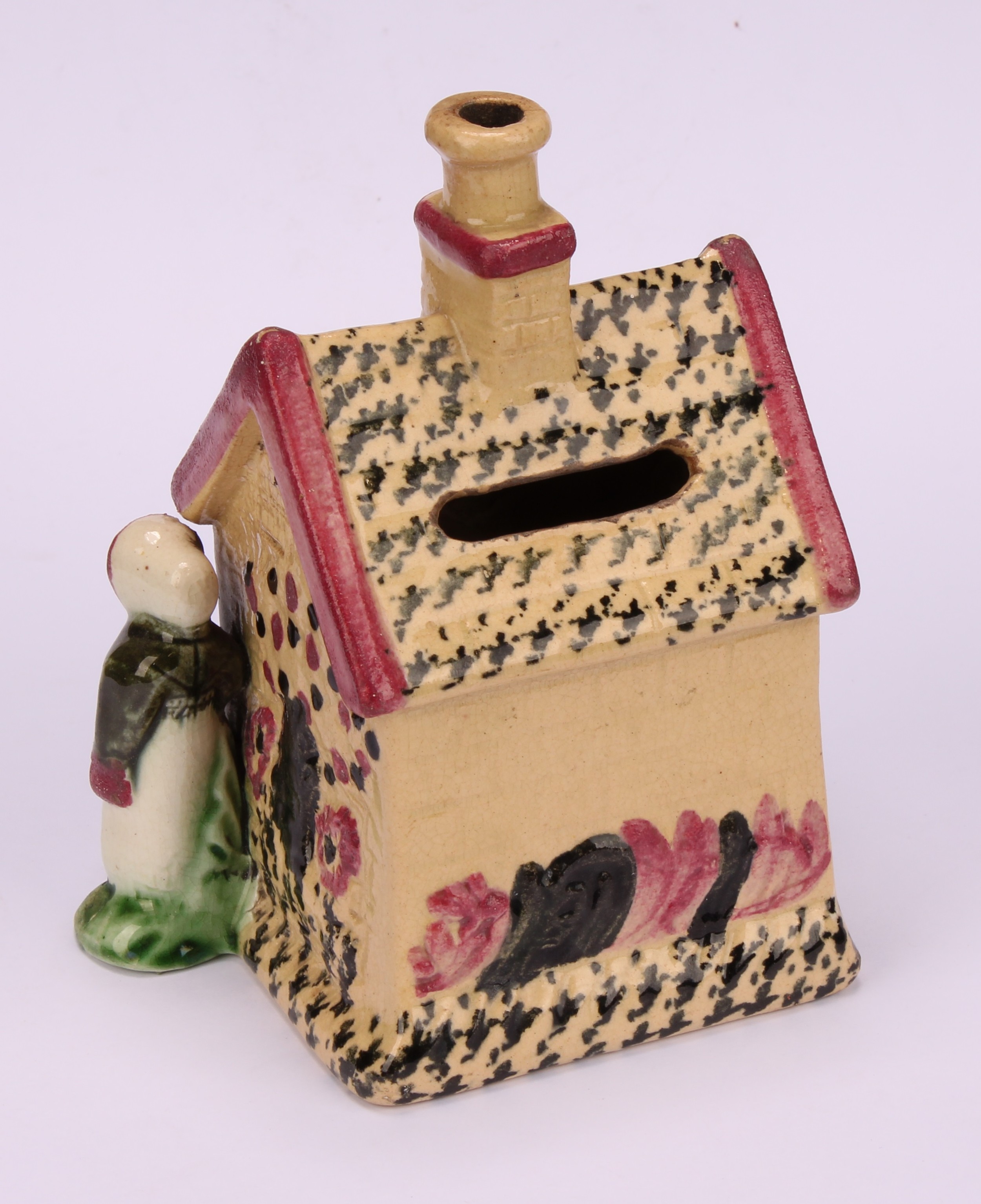 A Yorkshire Prattware polychrome spongeware cottage money box, moulded in relief with a figure to - Image 4 of 5