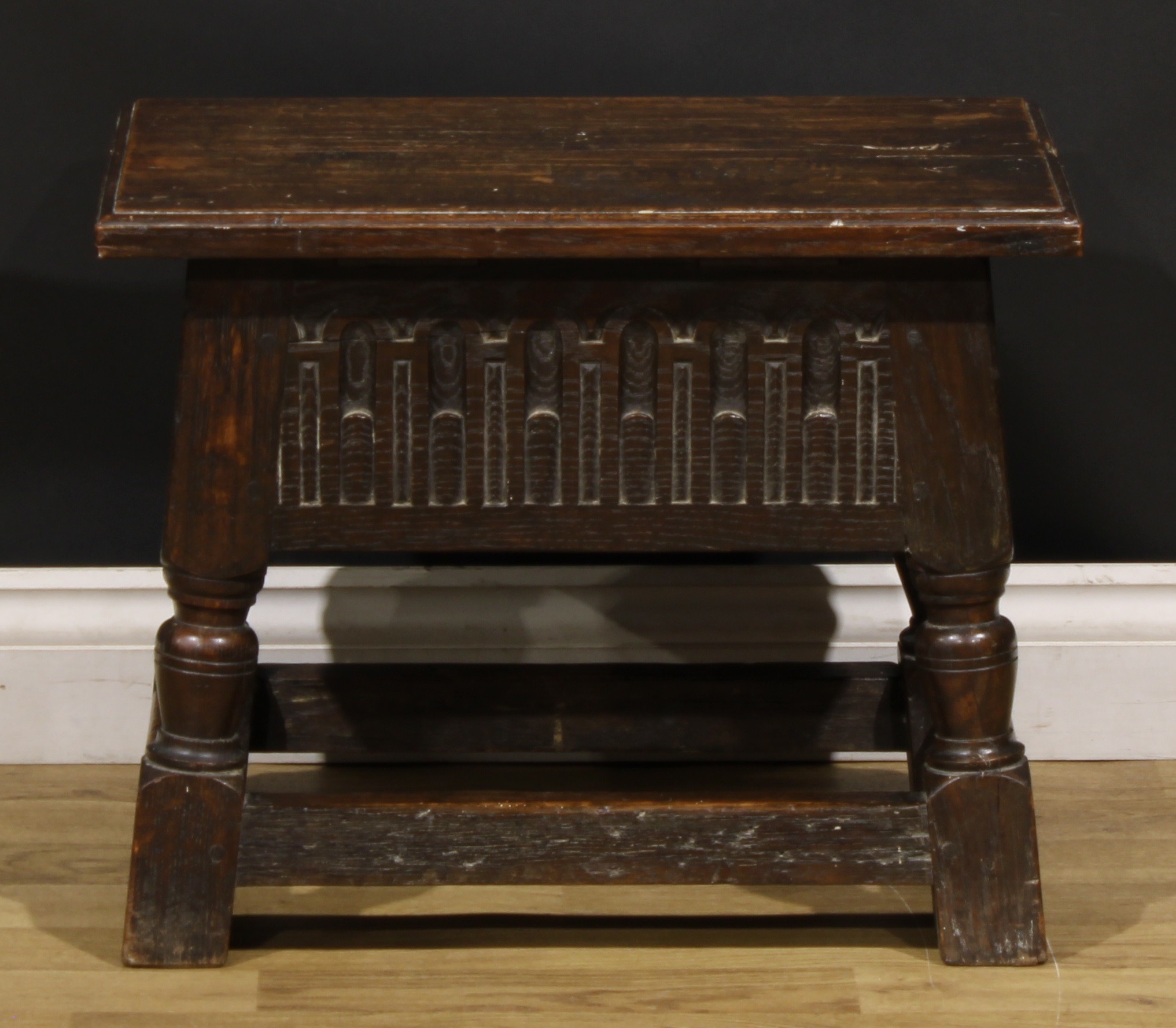 A Charles II style oak box stool, hinged top above a stop-nulled frieze, 43.5cm high, 54cm wide, - Image 5 of 5