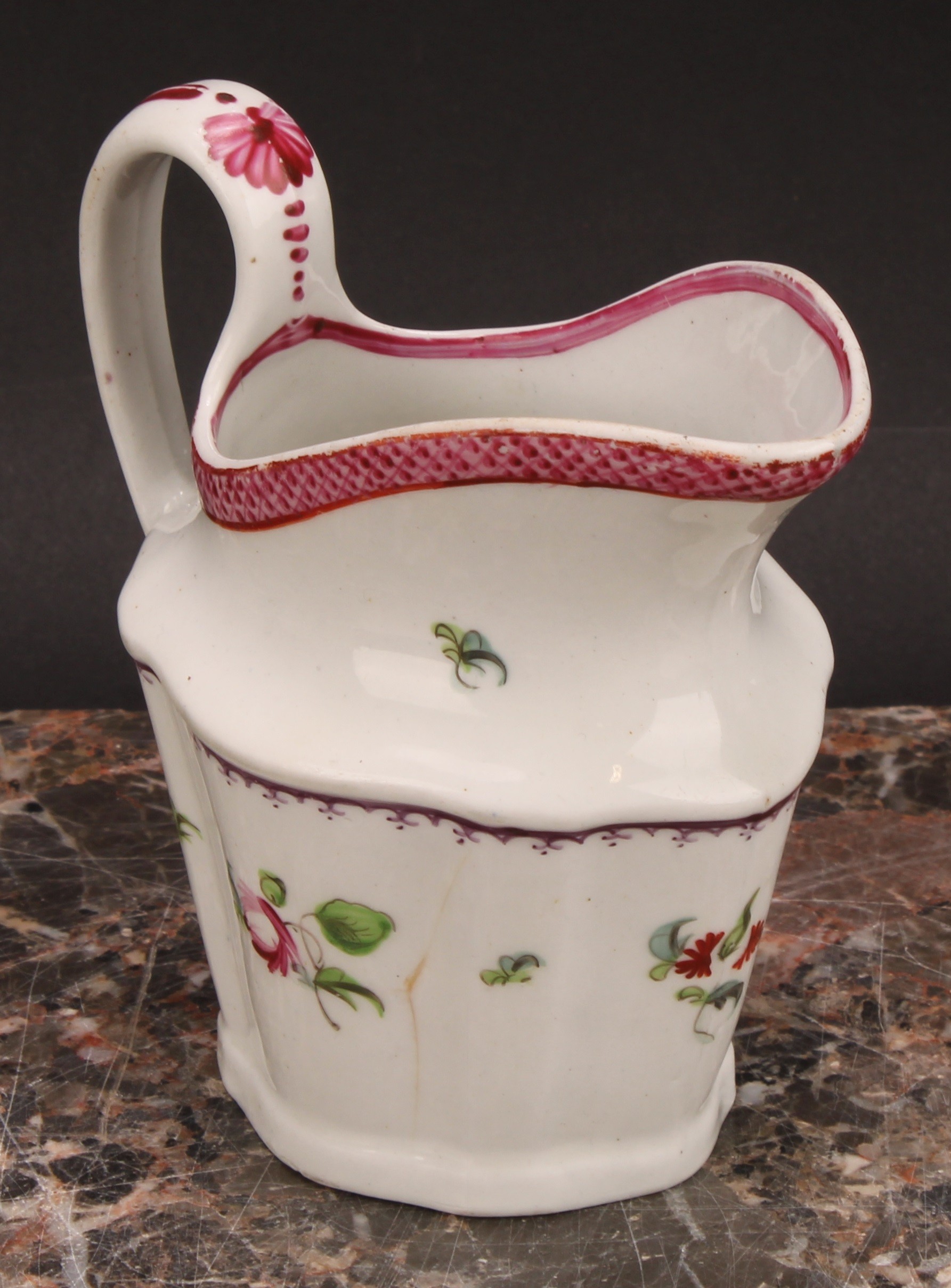 A Newhall helmet shaped cream jug, painted with scattered flowers, the interior with stylised floral - Image 6 of 12