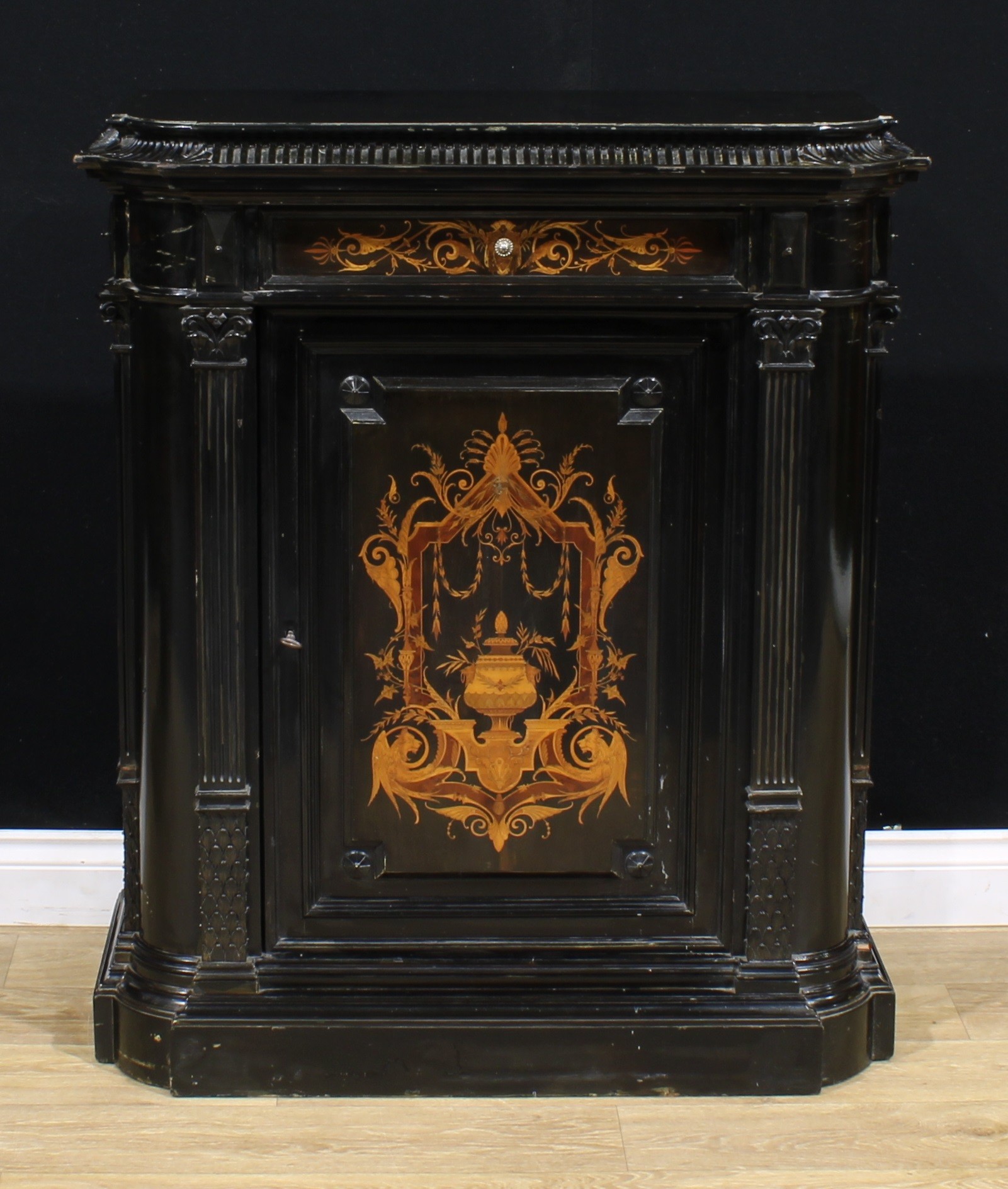 A pair of 19th century Continental ebonised and marquetry pier cabinets, each with a concave moulded - Image 8 of 12