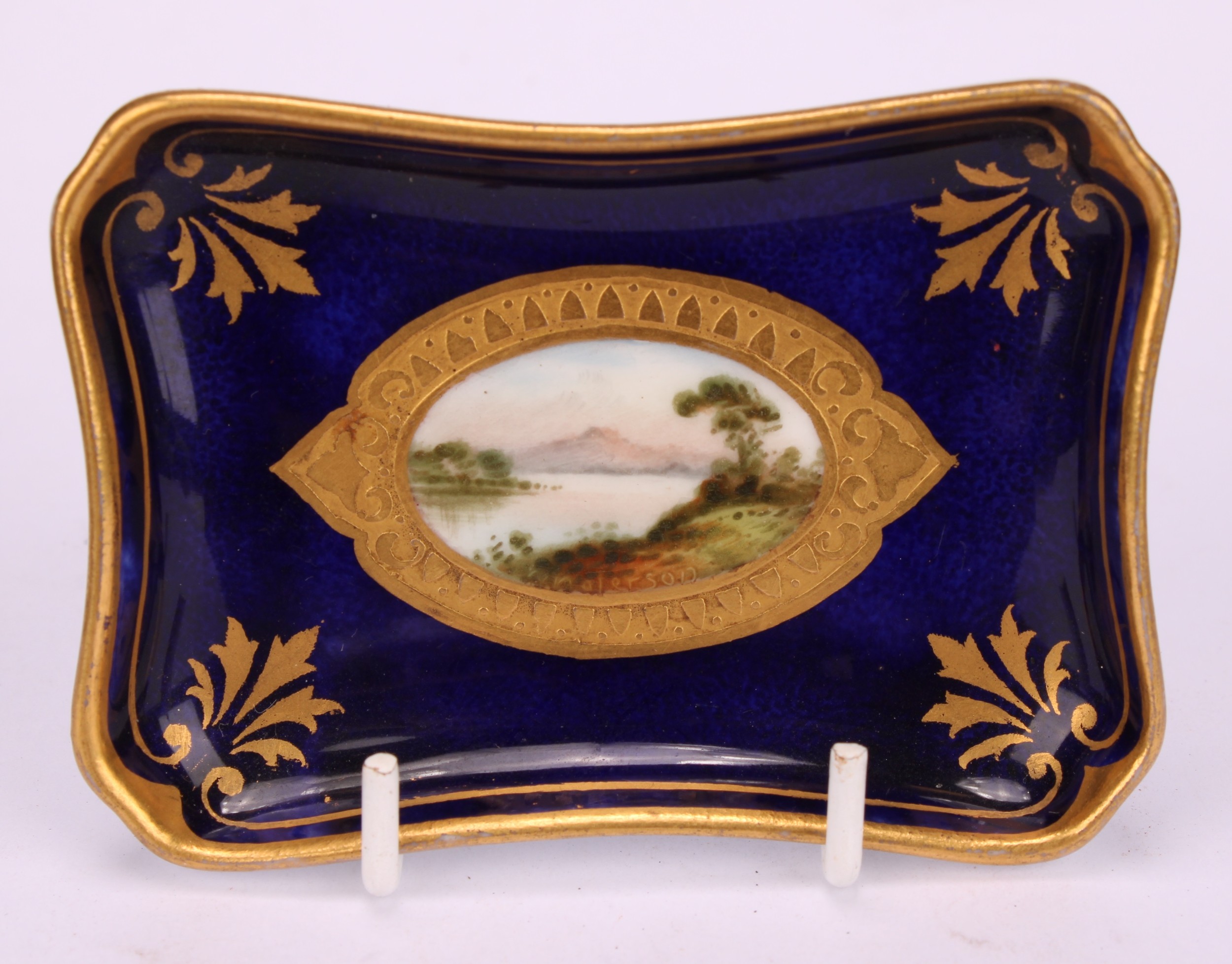 A Coalport miniature canted rectangular tray, painted by W Waterson, signed, the central oval - Image 3 of 8