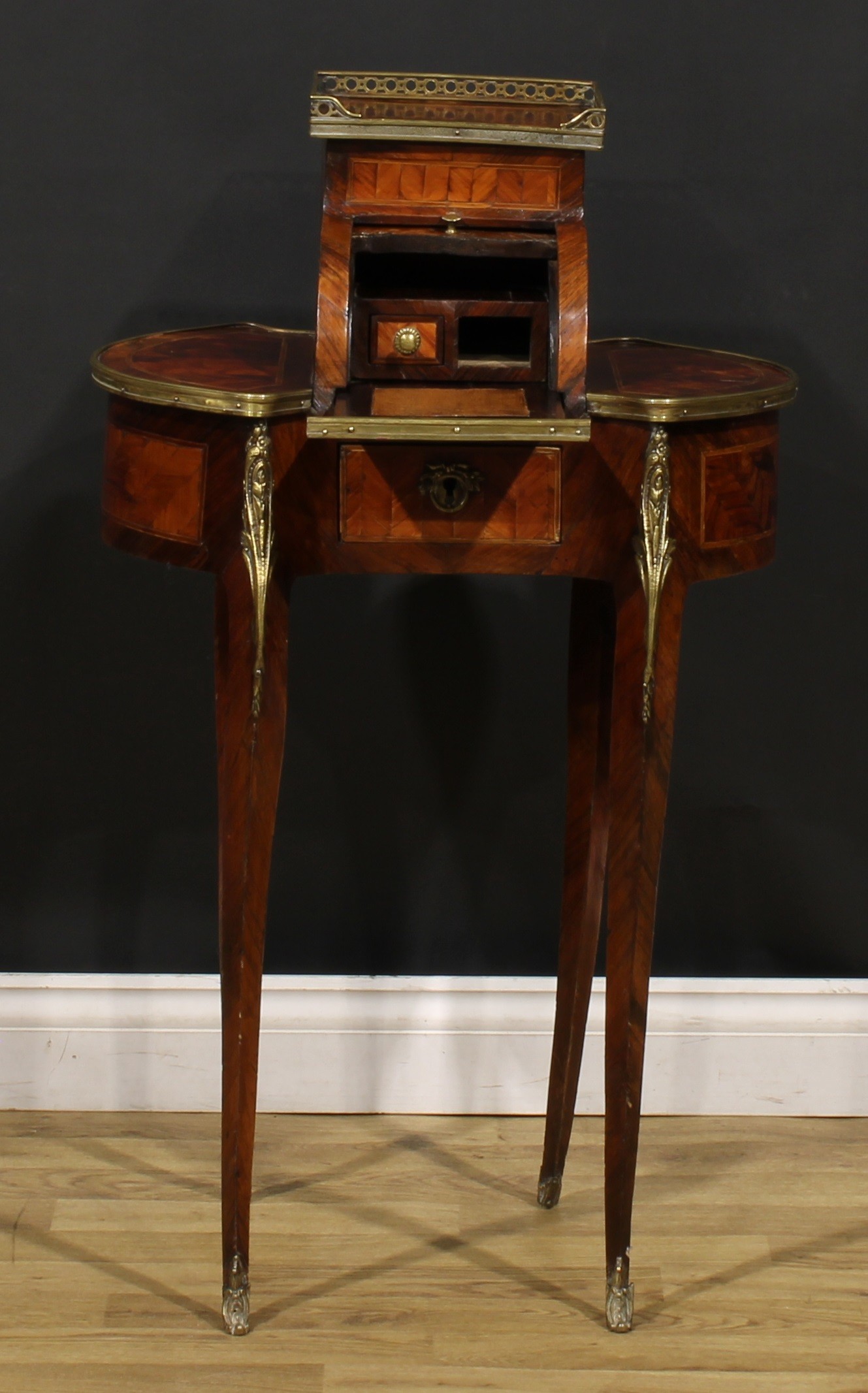 A Louis XV Revival gilt metal mounted rosewood and kingwood bonheur du jour, of small and neat - Image 3 of 7