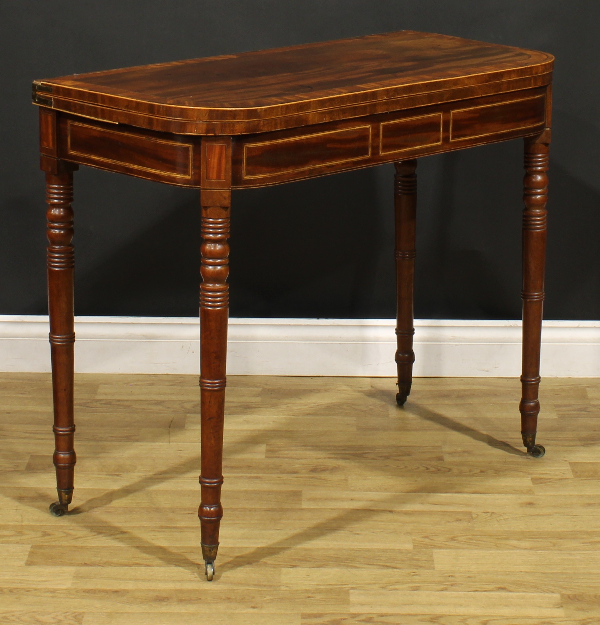 A Regency mahogany card table, hinged satinwood and rosewood crossbanded top enclosing a baize lined - Image 4 of 6
