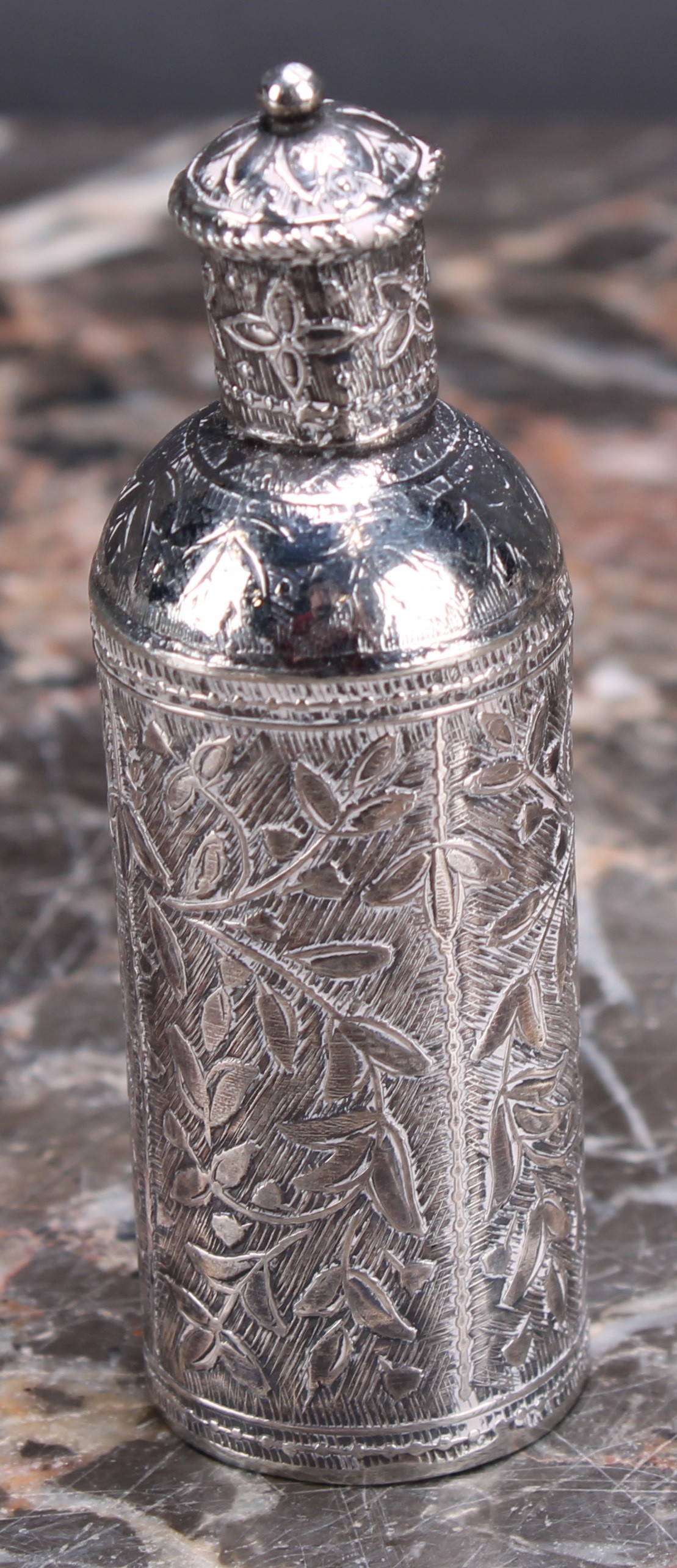 A Middle Eastern silver cylindrical kohl flask, chased with leafy branches, screw-fitting cover with - Image 2 of 4