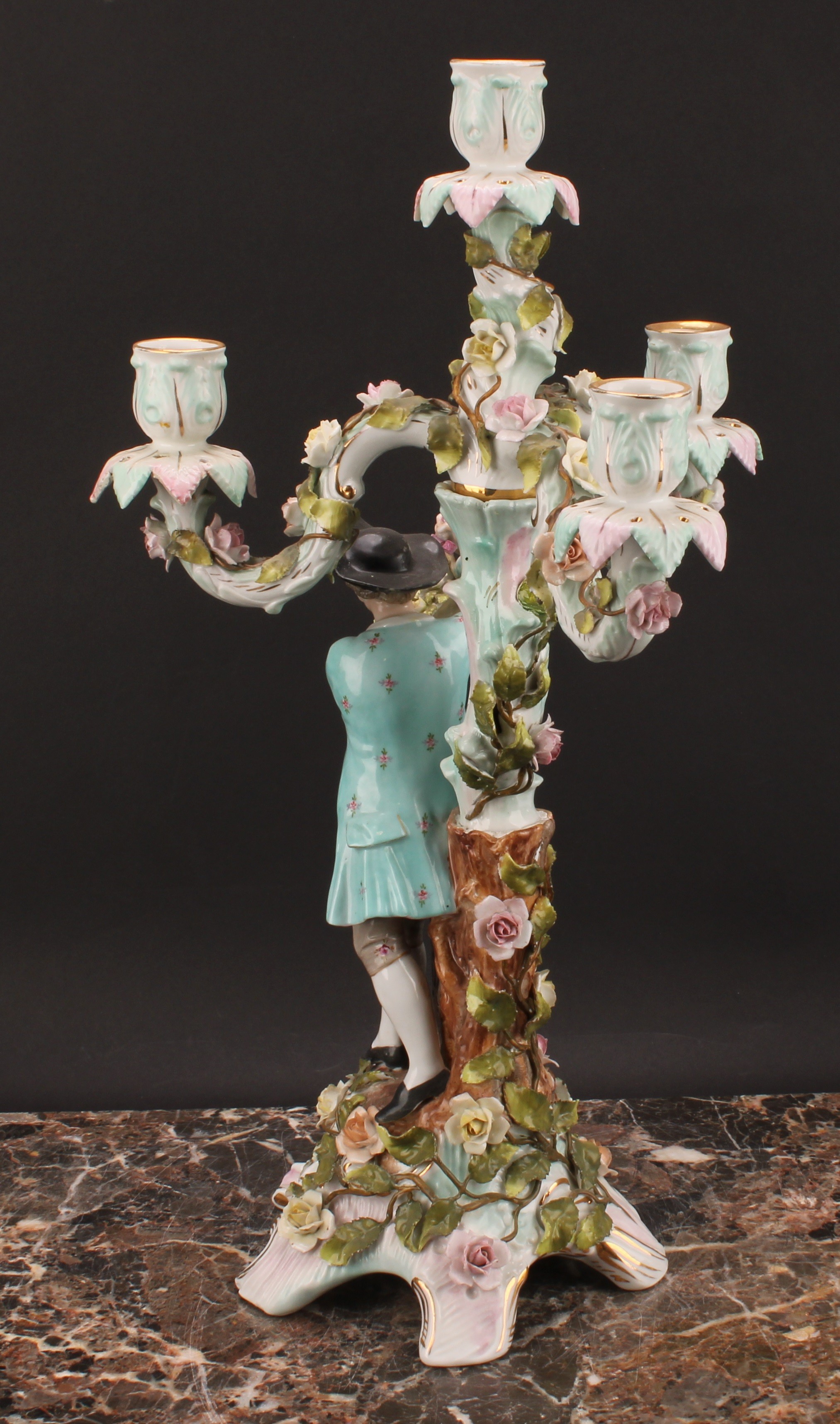 A pair of Sitzendorf figural four-light candelabra, modelled as a courting couple, each painted in - Image 9 of 10