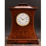 An Art Nouveau rosewood and marquetry mantel clock, 8cm circular enamel dial inscribed with Roman