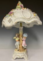 A German Schierholz porcelain table lamp, the domed pierced shade applied with flowers in relief,