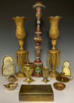 A pair of pierced gilt metal lustre type candlesticks with droplets, 47.5cm; a Middle eastern