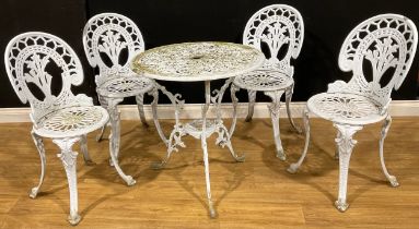 A 19th century style aluminium garden suite comprising a tripod table and four chairs (5)