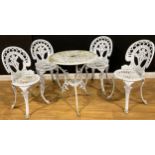 A 19th century style aluminium garden suite comprising a tripod table and four chairs (5)