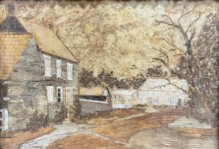 Pictures & Prints - Folk Art - E. Pratt Houses and Mill signed, bark and other materials, 30cm x