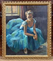 B.A. Haggard Seated Ballerina signed, oil on canvas, label to verso, gilt frame, 60cm x 50cm