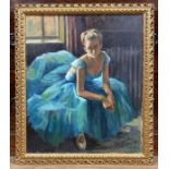 B.A. Haggard Seated Ballerina signed, oil on canvas, label to verso, gilt frame, 60cm x 50cm