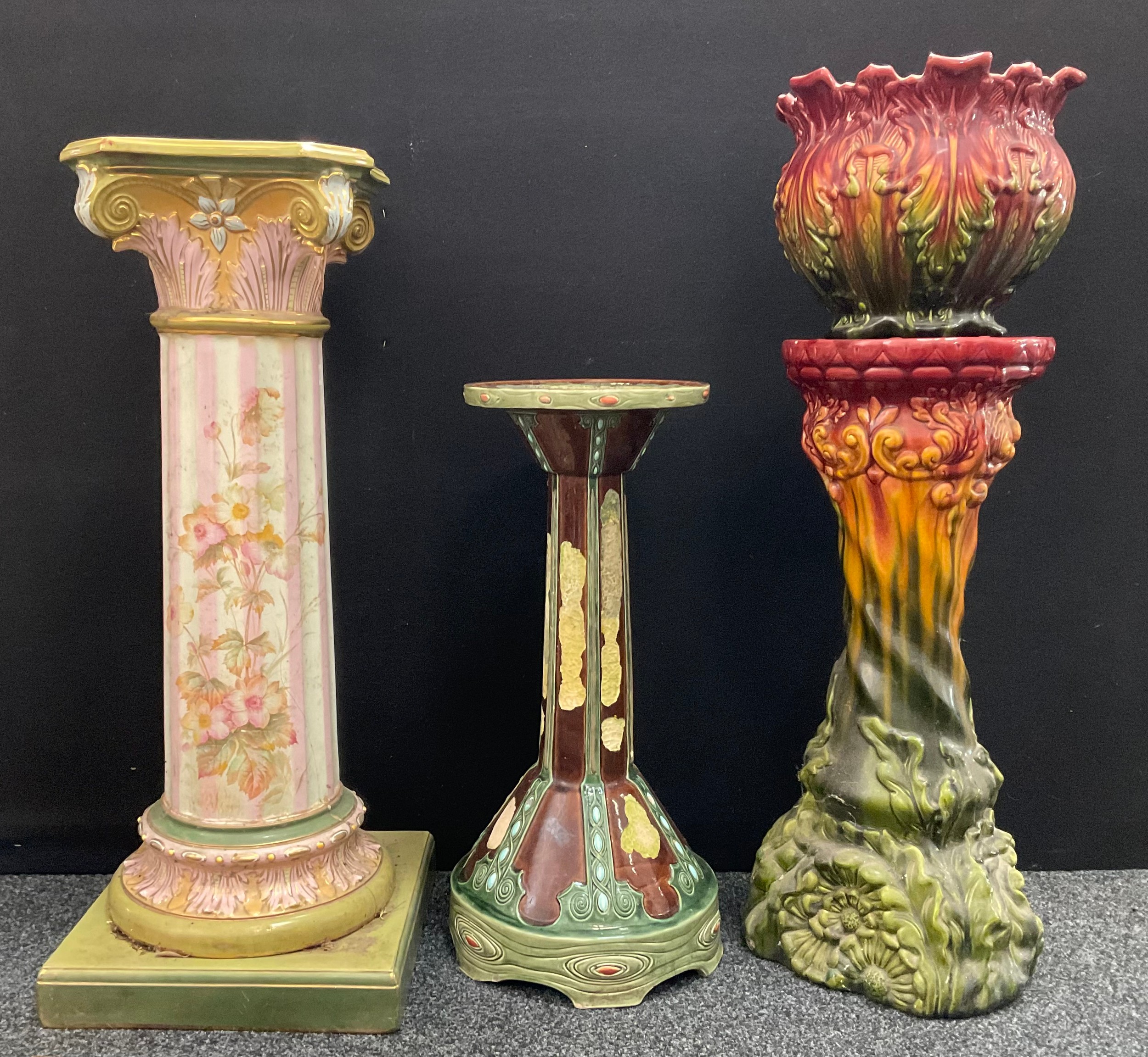 A large Victorian Staffordshire jardiniere stand, as a Corinthian column, decorated with flowers, in