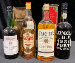 A bottle of Teacher's Highland Cream, boxed; others, Tavora Port 1981; Grant's Scotch whisky;