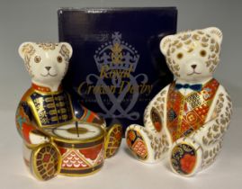 A Royal Crown Derby paperweight, Drummer Bear, gold stopper, 10cm, printed mark in red, boxed;