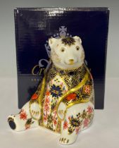 A Royal Crown Derby paperweight, Imari Bear, printed in the 1128 palette, 21st anniversary gold