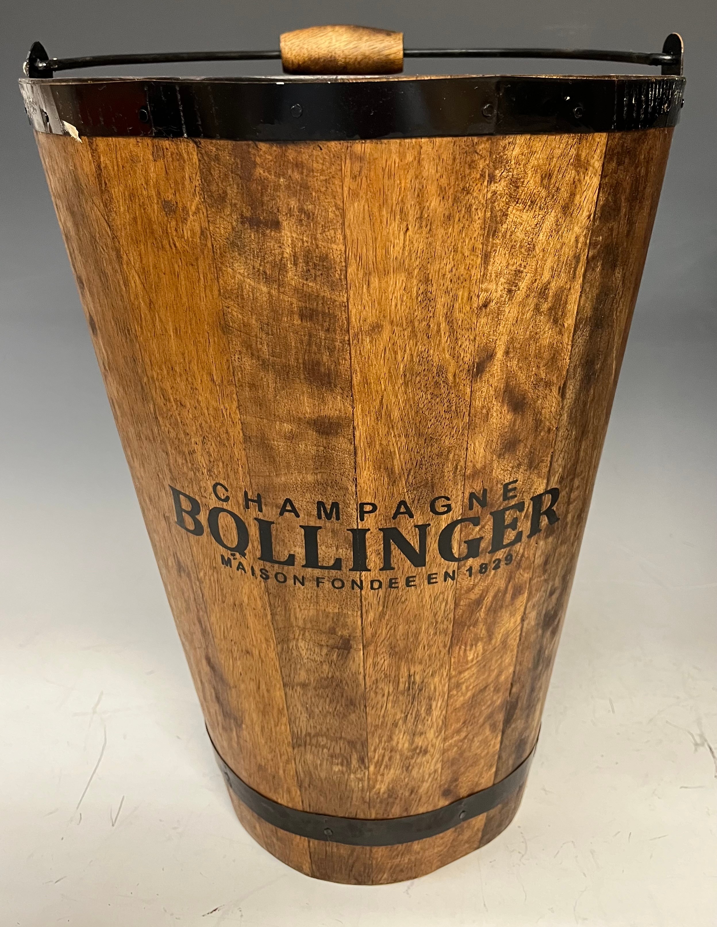 A pair of tall wooden wine buckets, marked 'Champagne Bollinger, Maison Fondée en 1829', 40cm high - Image 2 of 3