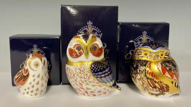 A Royal Crown Derby paperweight, Tawny Owl, gold stopper, boxed; others, Little Owl and,