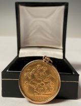 A Victorian gold full sovereign, Sydney mint, 1889, mounted in 9ct gold as a pendant, 9.2g