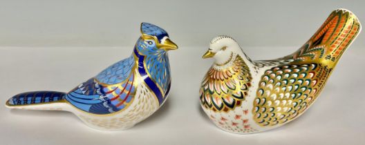 A Royal Crown Derby paperweight, Blue Jay, gold stopper, 16cm long, printed marks; another, Turtle