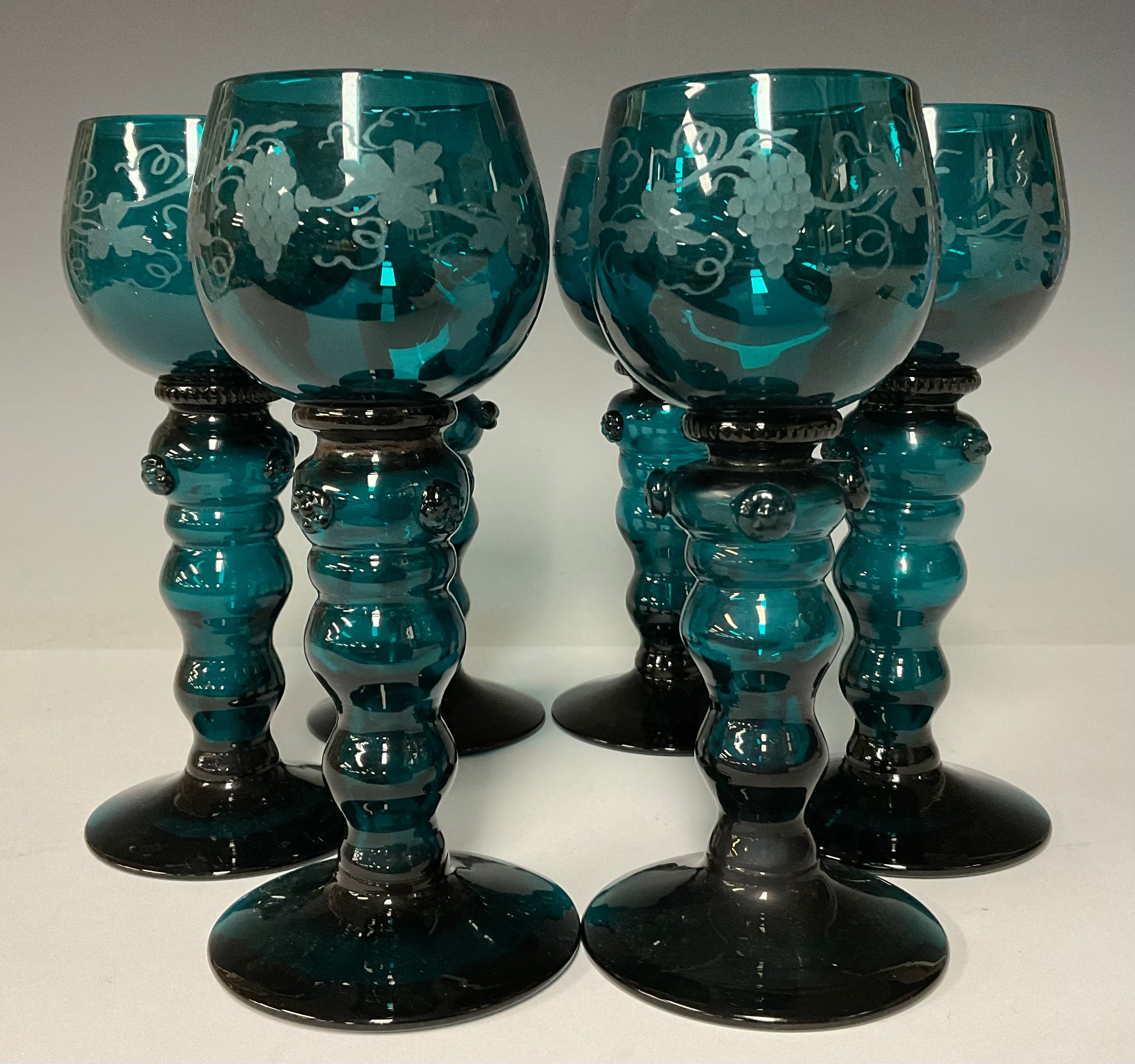 A set of six 19th century turquoise glass wine roamers, ovoid bowls etched with fruiting vine, - Image 2 of 2