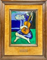 After Picasso, The Old Guitarist, enamel on copper plaque, in shades of blue and green, 23cm x 17cm,