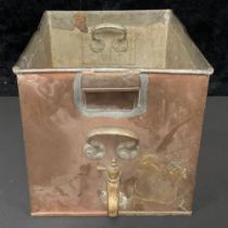 A late 19th/early 20th century rectangular copper beverage dispenser, applied with brass plaque