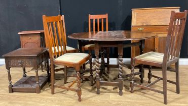 An oak gateleg table; a set of four dining chairs; an oak student’s bureau; a Jaycee lamp table;