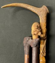 Walking Sticks - an early 20th century walking stick, the naturalistic shaft carved with leaves