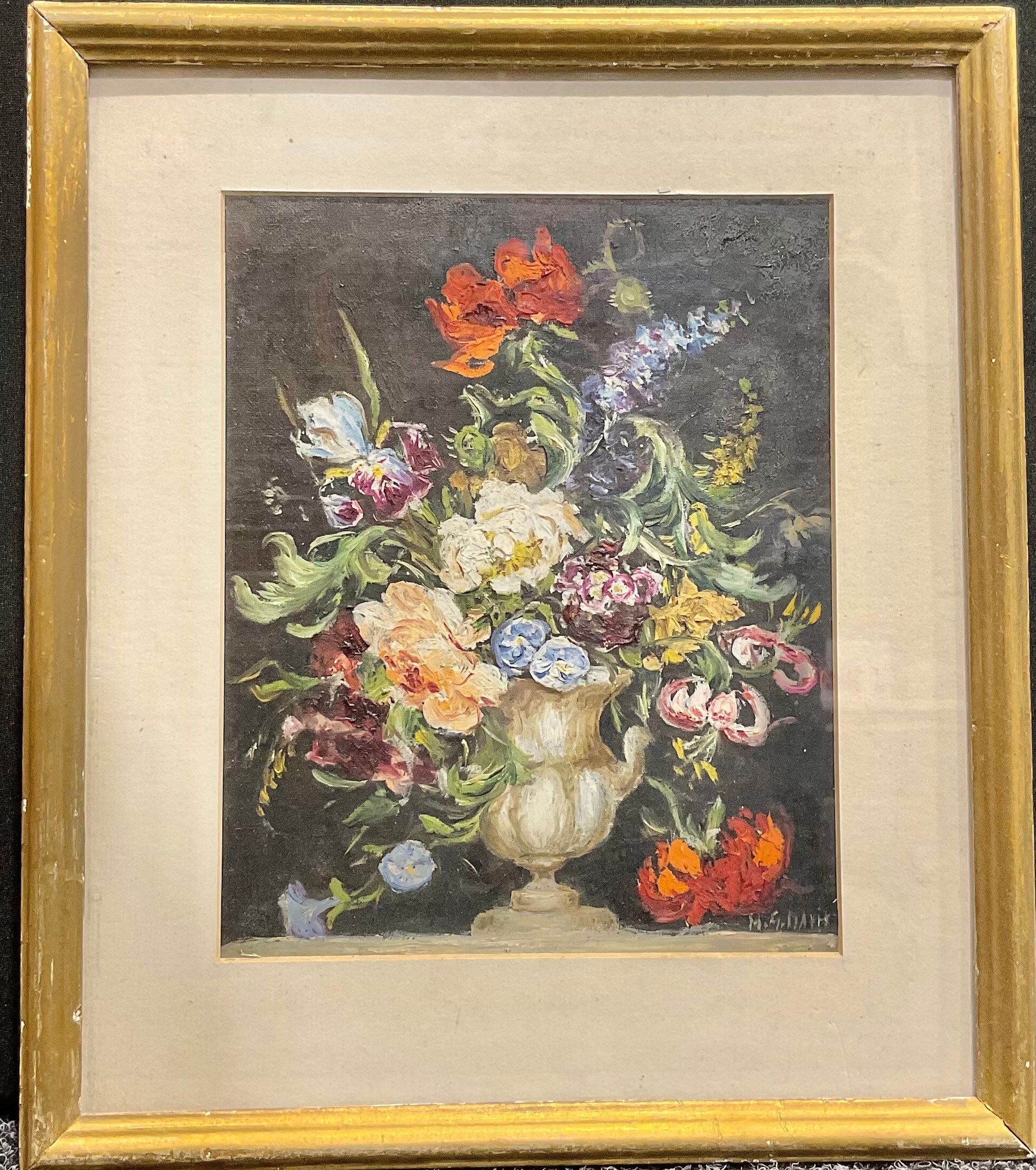 M G Davis Still Life, urn of flowers signed, oil