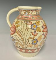 Ceramics - a large Bursley Ware Charlotte Rhead TL76 Wind Tossed Tulip pattern jug, 21cm high