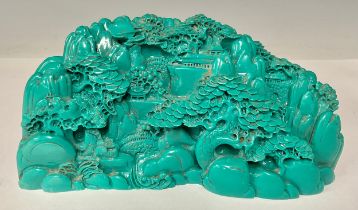 A contemporary Chinese composite ‘boulder’, moulded as faux-turquoise with a mountain-top landscape,