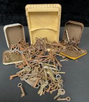 Keys - assorted door keys, clock keys; other for cabinets, cupboards, clock winder; various; qty