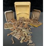 Keys - assorted door keys, clock keys; other for cabinets, cupboards, clock winder; various; qty