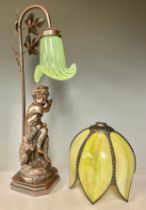 A table lamp, the resin figural base as a young boy with dog companion, opaque tulip shaped shade in