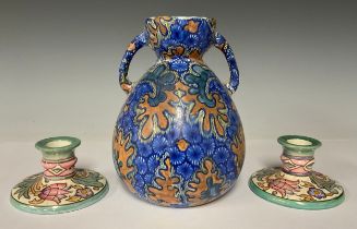 Ceramics - a pair of Bursley Ware Charlotte Rhead TL76 Wind Tossed Tulip pattern candlesticks, 5.5cm