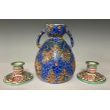 Ceramics - a pair of Bursley Ware Charlotte Rhead TL76 Wind Tossed Tulip pattern candlesticks, 5.5cm