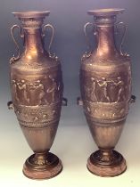 A pair of large neo-classical bronzed metal twin handled urns, after Fedinand Barbedienne, each