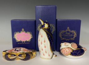 A Royal Crown Derby paperweight, Crab, gold stopper, 12cm wide, printed mark in red, boxed;