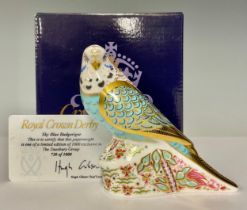 A Royal Crown Derby paperweight, Sky Blue Budgerigar, exclusive for the Dewesbury Group, limited