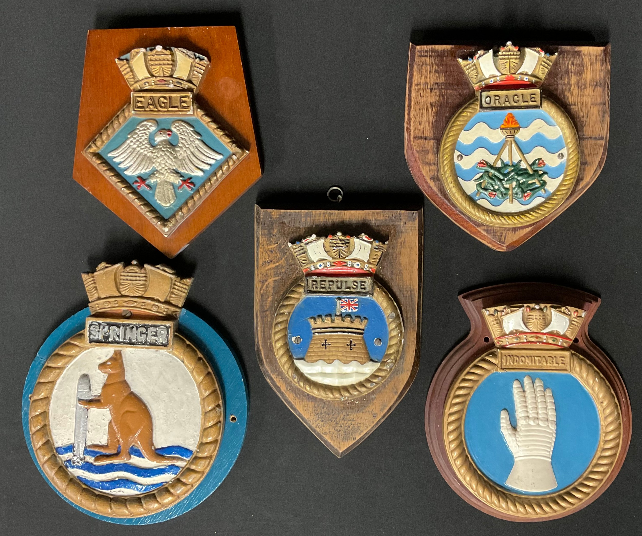 Marine & Maritime - five ship crests comprising Indomitable, Springer, Oracle, Repulse and Eagle (5)