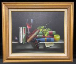 Mike Woods (Bn. 1967) Still Life Wine, Grapes and Books signed, oil on canvas, 39cm x 49cm