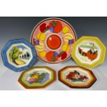 A Wedgwood Clarice Cliff Bizarre reproduction charger, 31cm diameter; a set of four Wedgwood Clarice