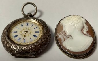 A lady's continental silver open face pocket watch, white enamel dial, Roman numerals, the case