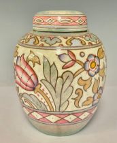 Ceramics - a Bursley Ware Charlotte Rhead TL76 Wind Tossed Tulip pattern ginger jar and cover,