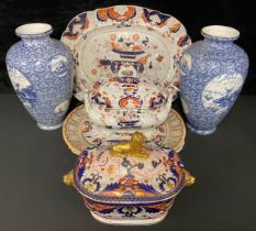 A Victorian Mason's Ironstone meat plate and strainer, decorated in the Imari taste, 56cm wide; a