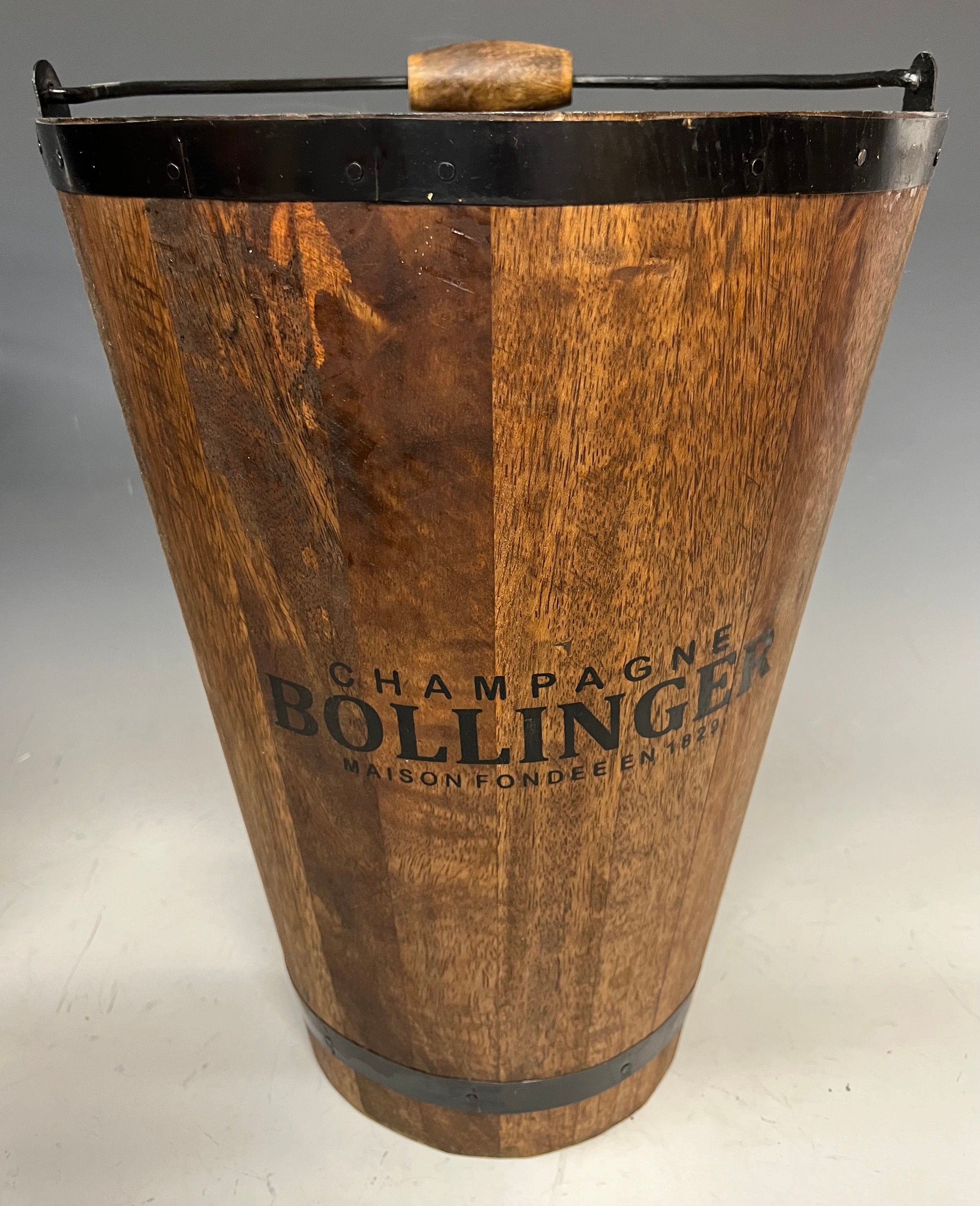 A pair of tall wooden wine buckets, marked 'Champagne Bollinger, Maison Fondée en 1829', 40cm high - Image 3 of 3