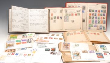 Stamps - four stamp albums and loose, FDC's etc, plus an interesting book, The Coin Charity,