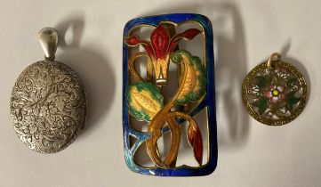 Boxes & Objects - an Art Nouveau enamel buckle; an Arts & Crafts pendant or fob; an unmarked